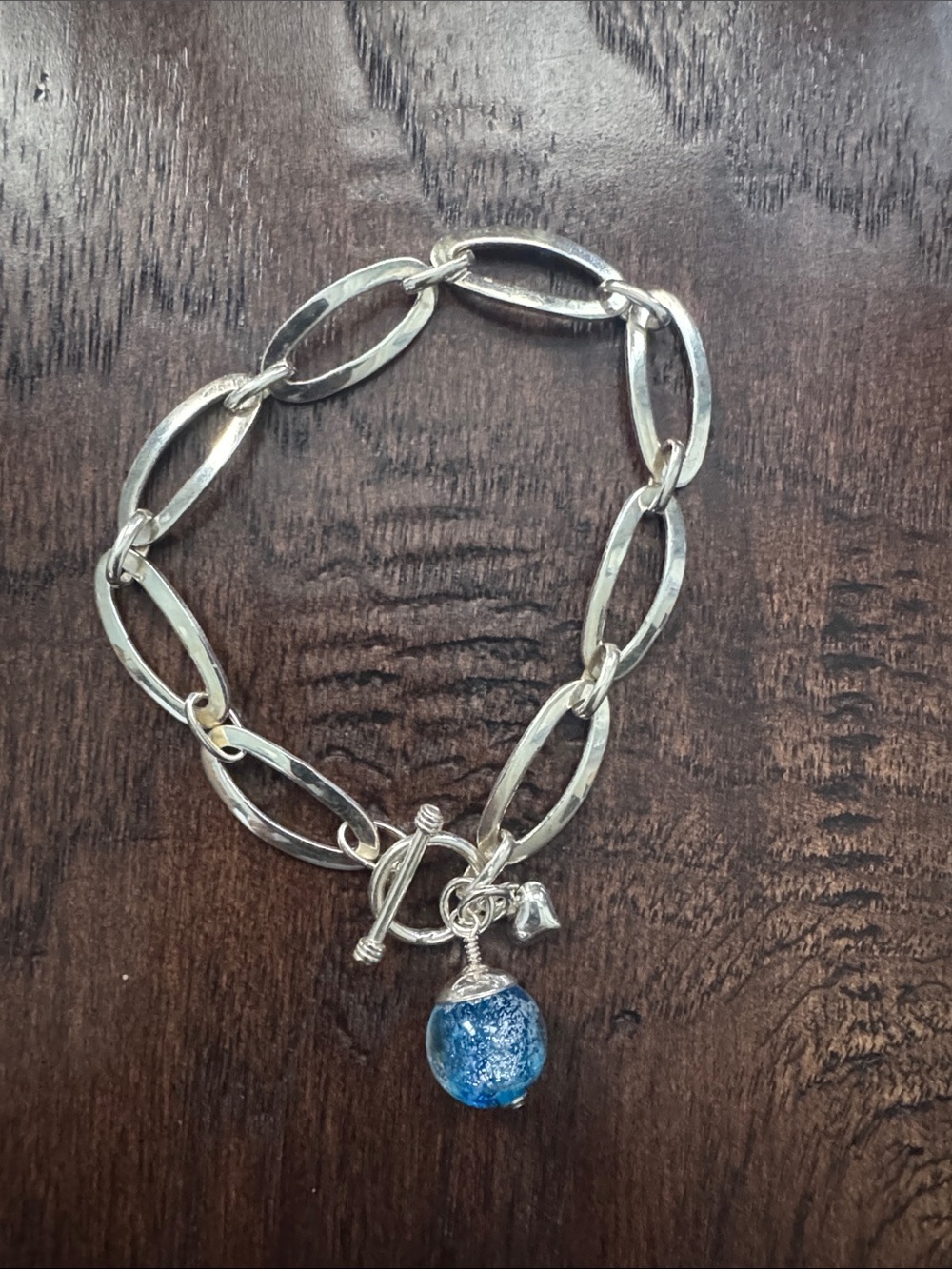NWOT Sterling Silver Link Bracelet with Blue Glass Charm with Toggle Clasp
